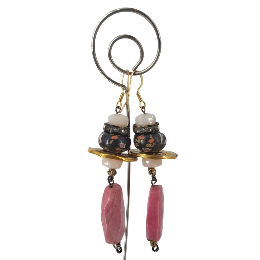Bohemian‎ Rhodonite Drop Earrings Pink Stone Floral Ceramic Gold Tone Dangle